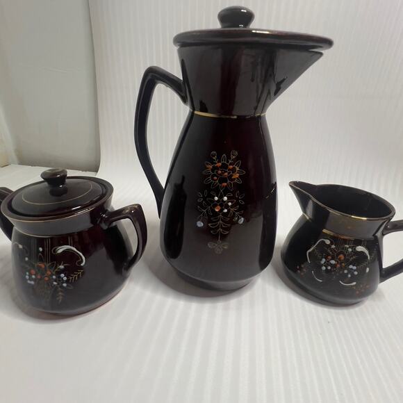 Vintage Japanese Moriage Style Redware Coffee/Teapot with Creamer and Sugar - Picture 3 of 12